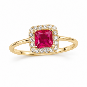 pink ruby square halo ring