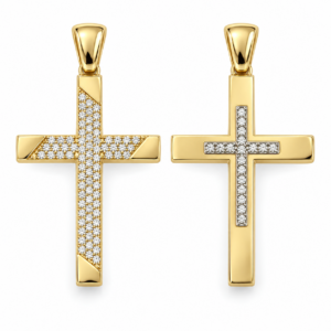 reversible gold cross pendant, two views
