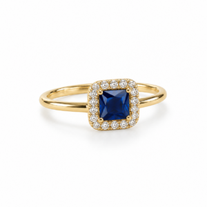 yellow gold ring with navy square gemstone